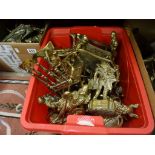 Large box of mixed brass figures to include Vikings, blacksmiths etc