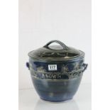 Blue Glazed Stoneware Bread Crock / Bin with Lid