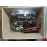 Two boxes of metalware to include silver plate and boxed cutlery