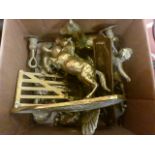 Large box of mixed brass figures to include; horses, cherub candlestick etc