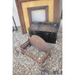 An antique fire basket with andirons. plus large black metal deed box no key.