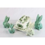 Four Beswick type rabbits in graduating sizes and a Masons cheese dish & cover in Fruit Basket