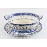 19th Century blue & white Willow pattern twin handled bowl & plate both with pierced decoration