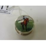 Silver Pill Box with Race Horse and Jockey to enamel lid