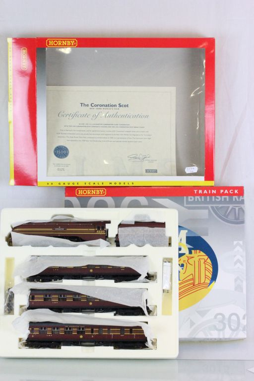 Boxed Hornby OO gauge R2199M The Coronation Scot Train Pack complete with certificate, appears