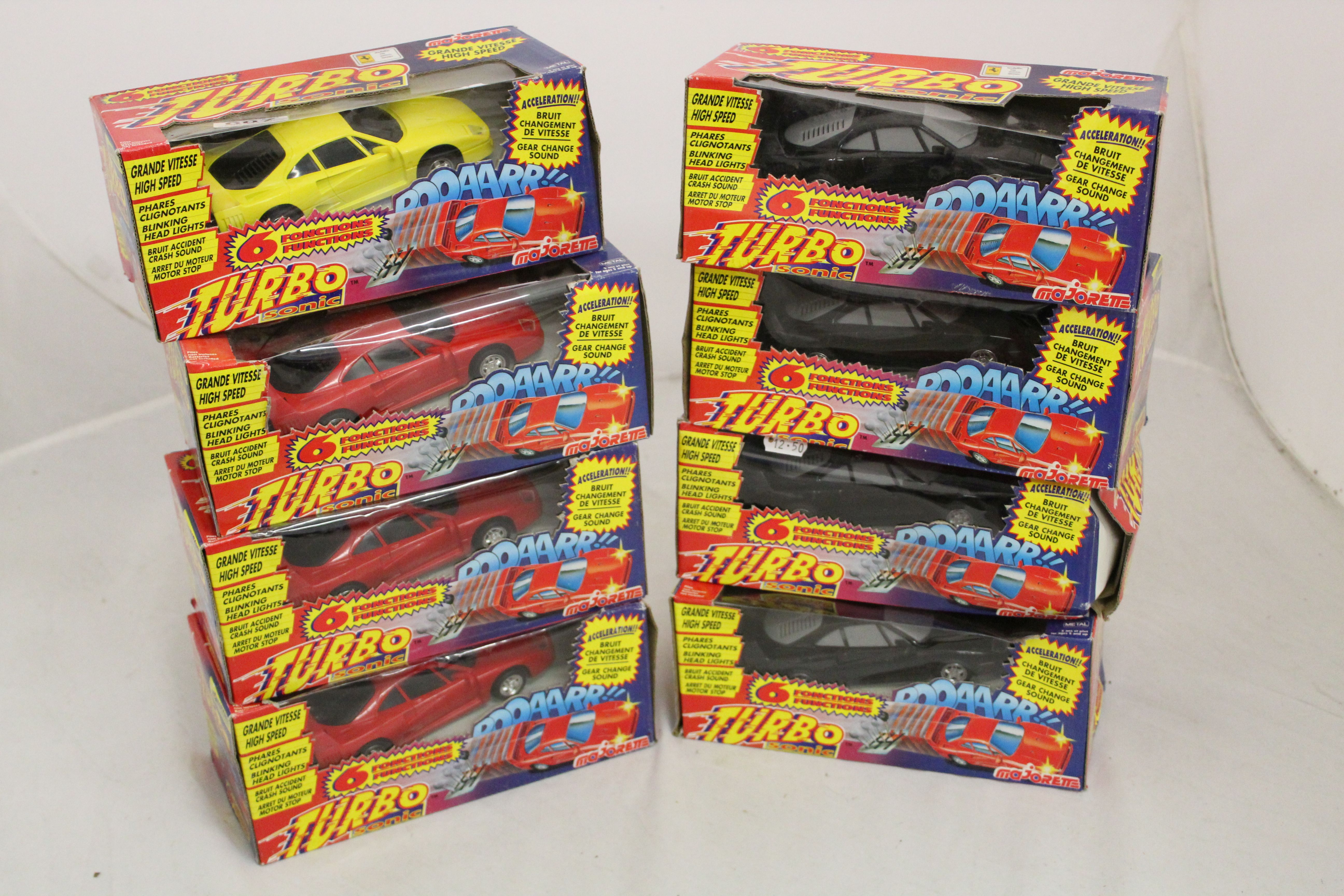 Eight boxed Majorette Turbo Sonic metal Ferrari F40 vehicles to include red x 3, black x 4 and