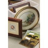 A box of assorted pictures and a mirror of art deco lady