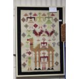 A framed original Tunisian tapestry of camel and figures, gallery label and seal to verso