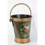 Large metal log or coal bucket with painted chicken decoration