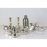 Tray of metalware to include silver plate & pair of Dansk Design candlesticks