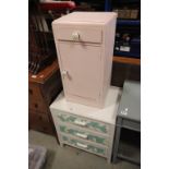 A painted pine bedside cabinet and a painted chest of three drawers.