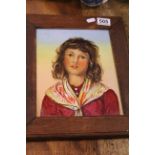 Portrait painting of a girl on cermaic plaque, 22 x 27cm, painted initials S.B and dated Nov 1891 to