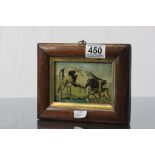 Small antique oil on panel of cow and calf, monograph C.H.