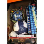 Box of mainly football related items to include Corinthian figures, England footballs etc