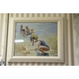 An impressionist oil painting, beach scene with children at play