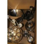 Box of silver plate to include a candelabra and teapots etc