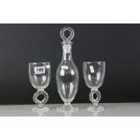 Art School Glass Decanter and Matching Pair of Wine Glasses, all signed