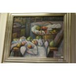 A studio framed oil painting of fruit and ceramic ware in an interior