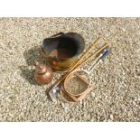 A brass coal scuttle a copper Guernsey cream jug ,two badminton racket and golf clubs.