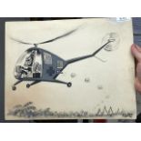 Comical artwork on board signed "Waite" of a West African Tribesman flying a helicopter