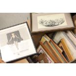 A carton containing a large selection of pictures and frames to include a 1920s hosiery advert,