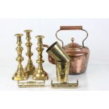 Mixed metalware to include a copper kettle, brass candlesticks