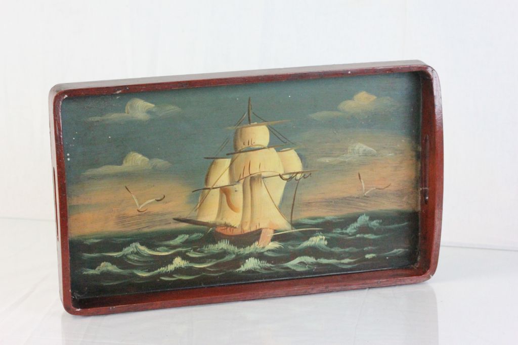 Early 20th century Wooden Lacquered Tray with Hand Painted Scene of a Sailing Ship