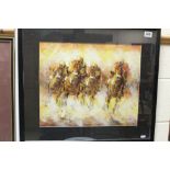 An impressionist oil painting of horse race jockey in full gallop