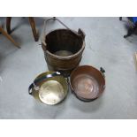 19th century Oak Peat or Well Bucket together with Copper Jam Pan with Twist Handle and a Brass &