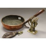 Large copper pan bowl, brass letter scales and a leather shot flask with impressed hunting scene