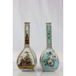 A pair of continental bottle vases with decorative panels, figurative and floral, blue cross sword