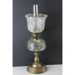 Late 19th, early 20th Century brass & cut glass oil lamp with etched glass shade