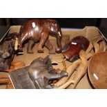 Group of African Carved Wooden Items including Elephants