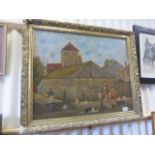 Mid 19th century oil painting on canvas farm scene with figures, a dog, horse, ducks, and a cat,
