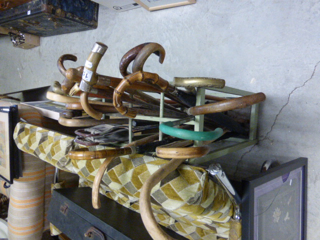 A painted oak stick stand with original metal drip tray and an assortment of 19 vintage walking - Image 3 of 7