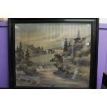 Large framed & glazed Japanese picture on fabric depicting Mount Fuji