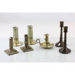 Two Pairs of Brass Candlesticks, Brass Chamberstick and Pair Oak Turned Candlesticks together with