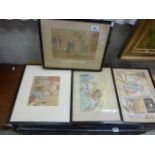 Watercolour by Hastings Draper after T. Rowlandson "Cribbage" and three others after George