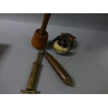 Mixed collectables to include wooden mallet, scales and a wooden fishing reel