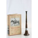 Vintage copper & brass hunting horn and a vintage book "Horsemanship" with dust cover