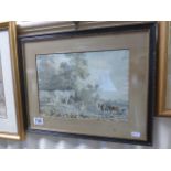 18th/19th Century Hogarth framed watercolour of horses and cattle in a pastural scene