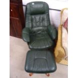 Contemporay Green Leather Swivel Armchair with Matching Foot Stool