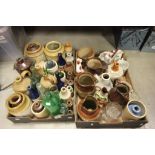 Two Trays of Stoneware Bottles, Jars, Flagons, Glass Bottles, Staffordshire Spaniel Flatback and