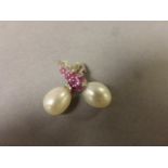 Pair of silver, cz, pink sapphire, and freshwater pearl drops