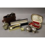 Mixed Lot including Cased Binoculars, Hip Flask, Two Table Lighters, Silver Cased Watch, Silver