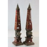 Pair of brass & ceramic Obelisks with Elephants