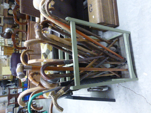 A painted oak stick stand with original metal drip tray and an assortment of 19 vintage walking - Image 4 of 7