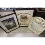 Heavy garden mirror, framed & glazed print signed "G E Jowett" and a framed Independent Order of