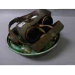 Vintage pair of military style binoculars and a collection of old buttons to include Military