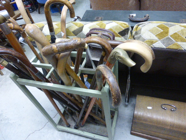 A painted oak stick stand with original metal drip tray and an assortment of 19 vintage walking - Image 5 of 7